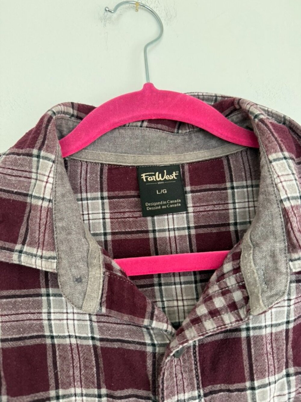 FarWest Plaid Flannel Button-Up Shirt Burgundy Cream Cotton L - Picture 3 of 6